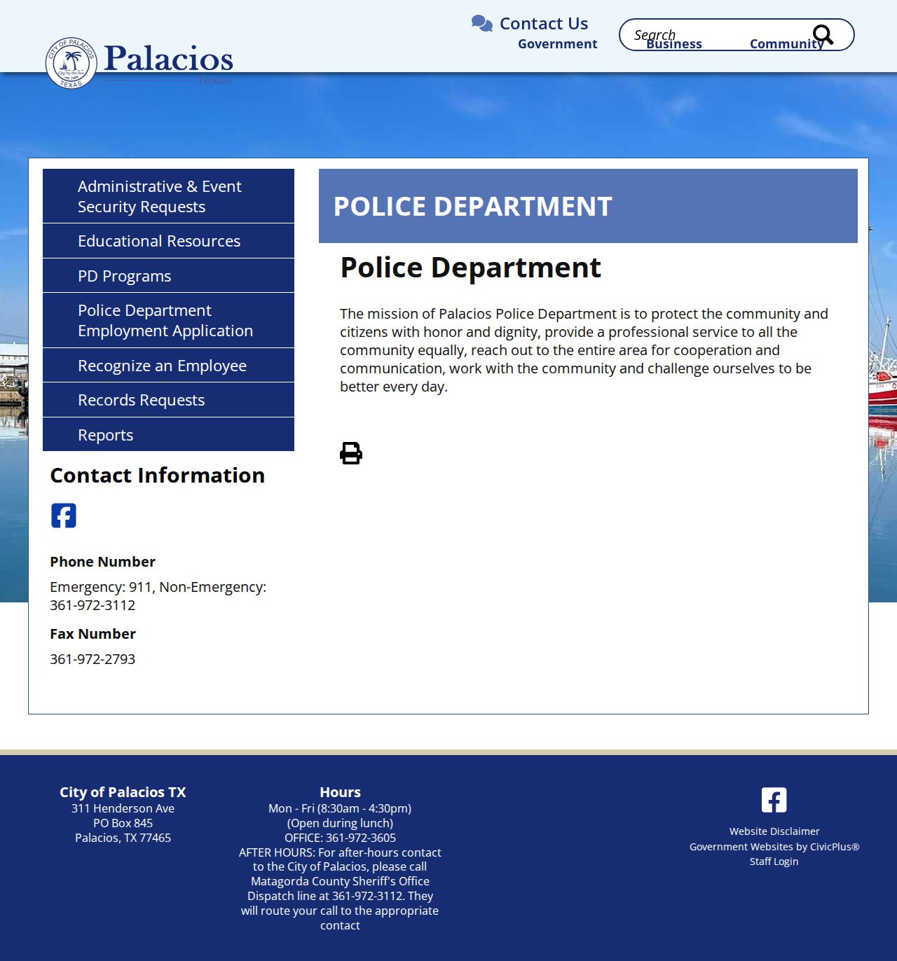 Palacios Police Department page for Matagorda County arrest record contacts
