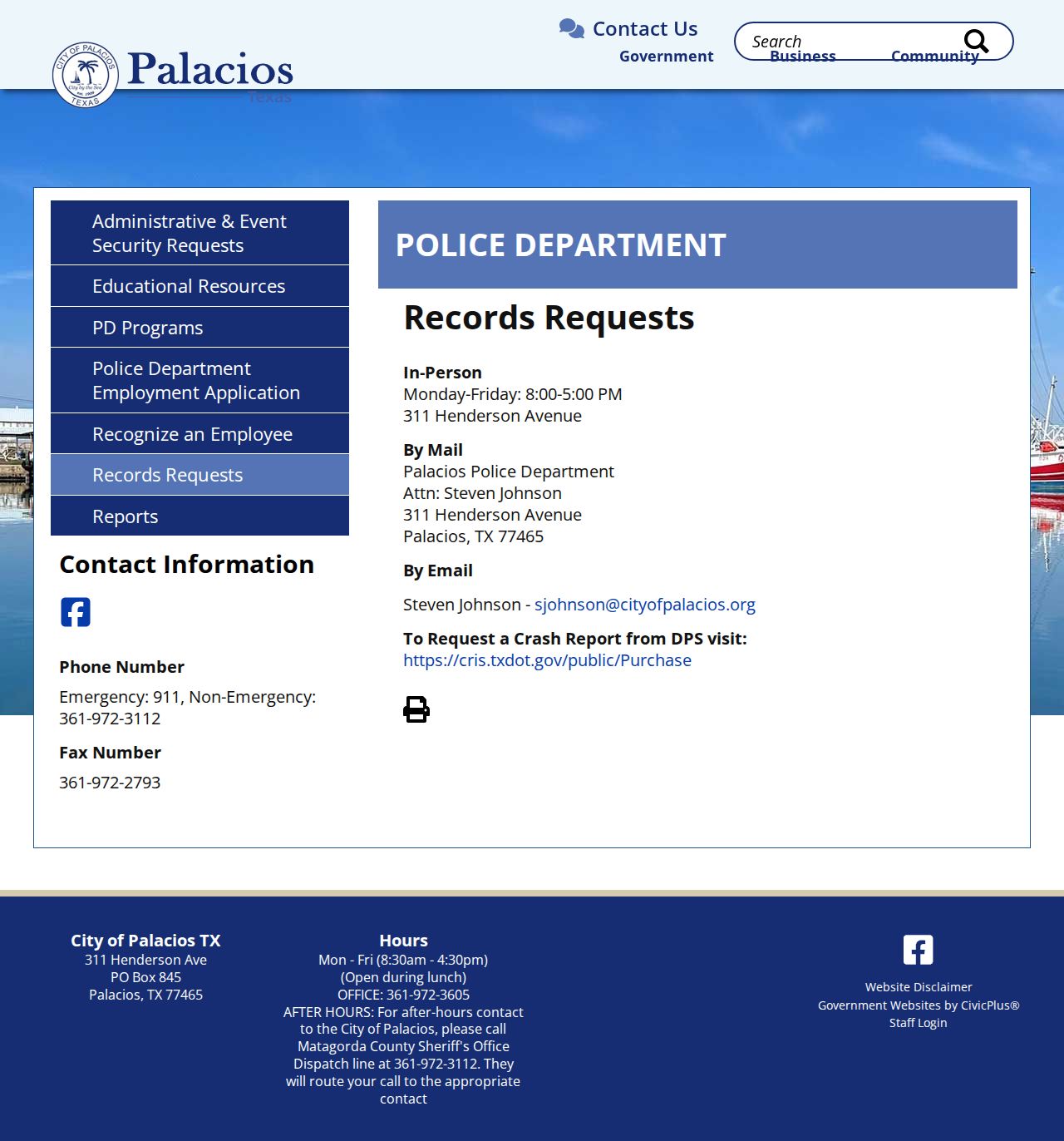 Palacios Police records request page for Matagorda County booking records